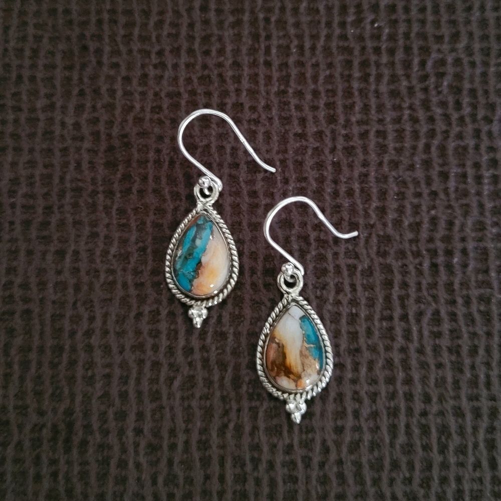 Shivam Oyster Blue💙 Copper Turquoise Teardrop💧 Earrings - Picture 3 of 12